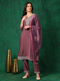 Sequined Embroidered Kurta With Pant & Printed Dupatta, Mauve - Hiral Fashion - Distacart