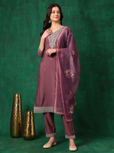 Sequined Embroidered Kurta With Pant & Printed Dupatta, Mauve - Hiral Fashion