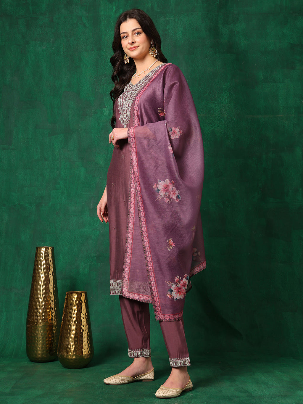 Sequined Embroidered Kurta With Pant & Printed Dupatta, Mauve - Hiral Fashion - Distacart