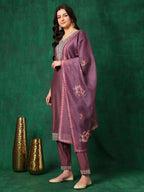 Sequined Embroidered Kurta With Pant & Printed Dupatta, Mauve - Hiral Fashion - Distacart