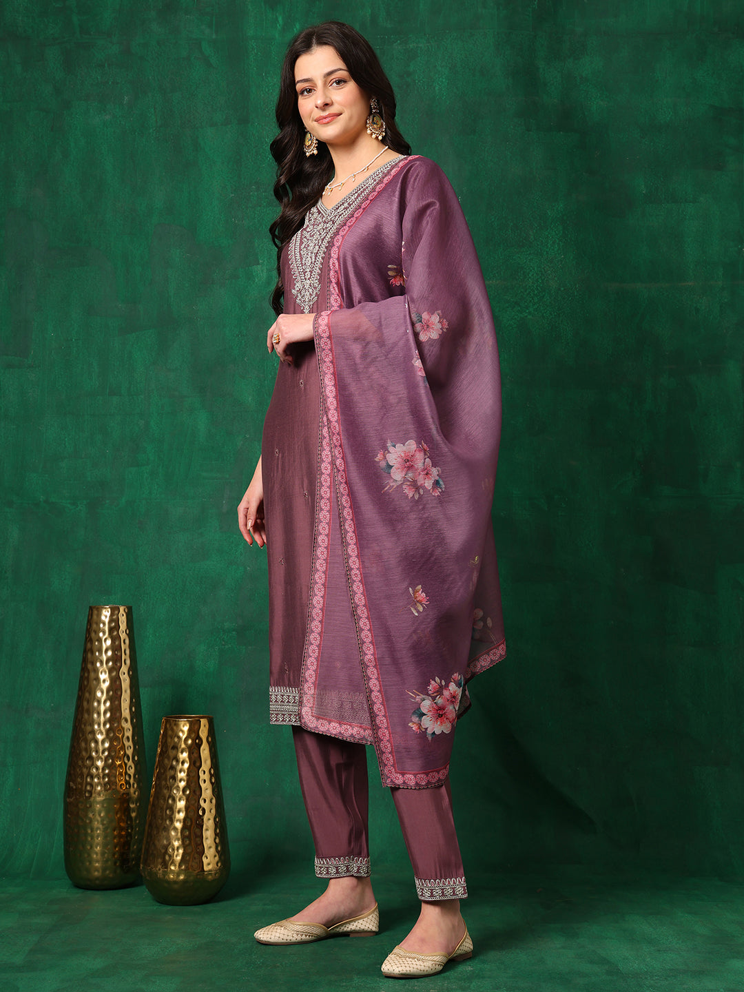 Sequined Embroidered Kurta With Pant & Printed Dupatta, Mauve - Hiral Fashion - Distacart