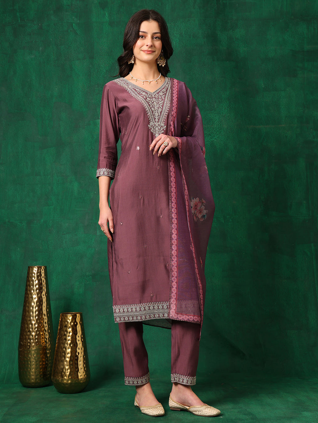 Sequined Embroidered Kurta With Pant & Printed Dupatta, Mauve - Hiral Fashion - Distacart