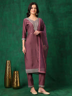 Sequined Embroidered Kurta With Pant & Printed Dupatta, Mauve - Hiral Fashion - Distacart
