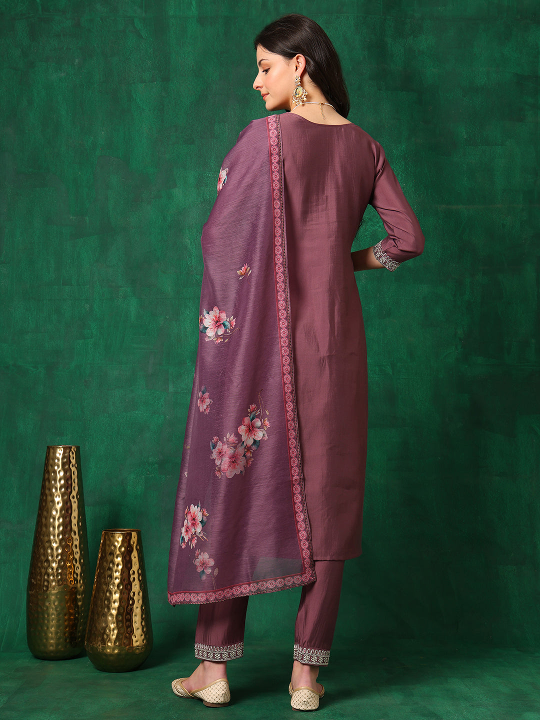 Sequined Embroidered Kurta With Pant & Printed Dupatta, Mauve - Hiral Fashion - Distacart