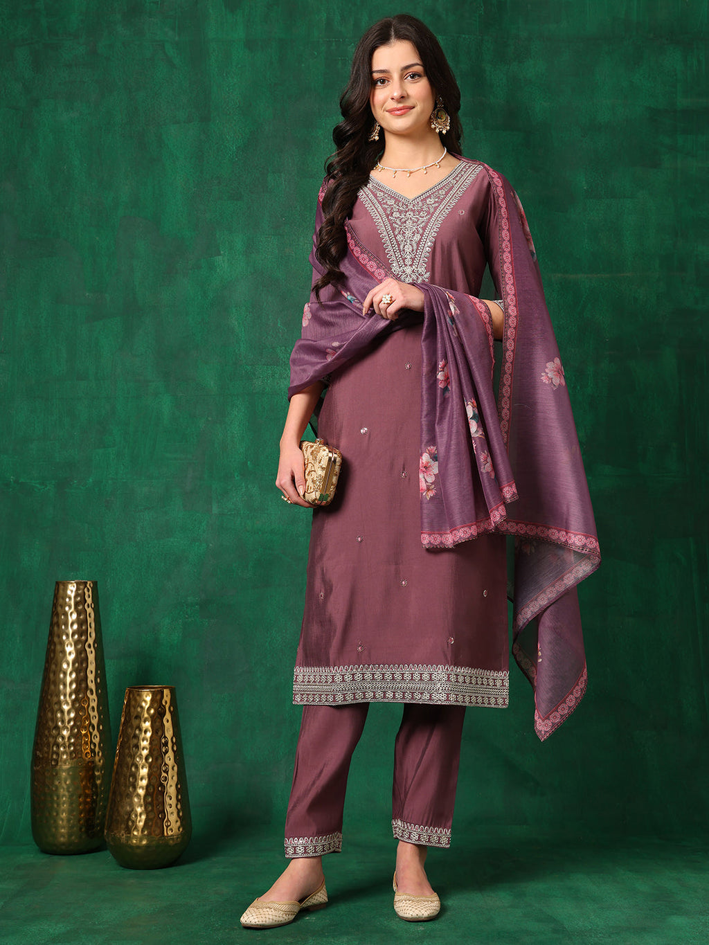 Sequined Embroidered Kurta With Pant & Printed Dupatta, Mauve - Hiral Fashion - Distacart