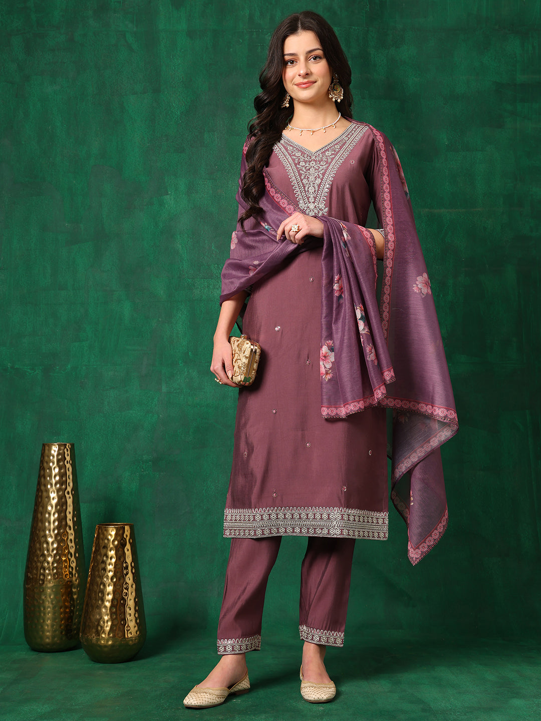 Sequined Embroidered Kurta With Pant & Printed Dupatta, Mauve - Hiral Fashion - Distacart