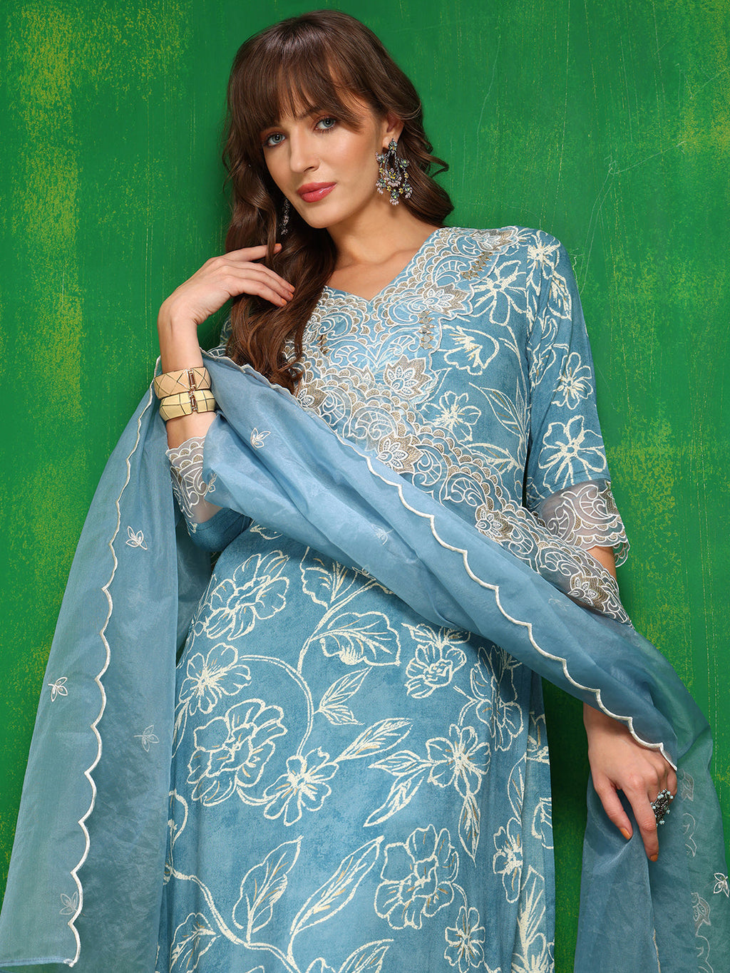 Embroidered & Floral Printed Kurta With Palazzo Pant & Embroidered Dupatta, Aqua-Blue - Hiral Fashion - Distacart