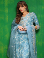 Embroidered & Floral Printed Kurta With Palazzo Pant & Embroidered Dupatta, Aqua-Blue - Hiral Fashion - Distacart