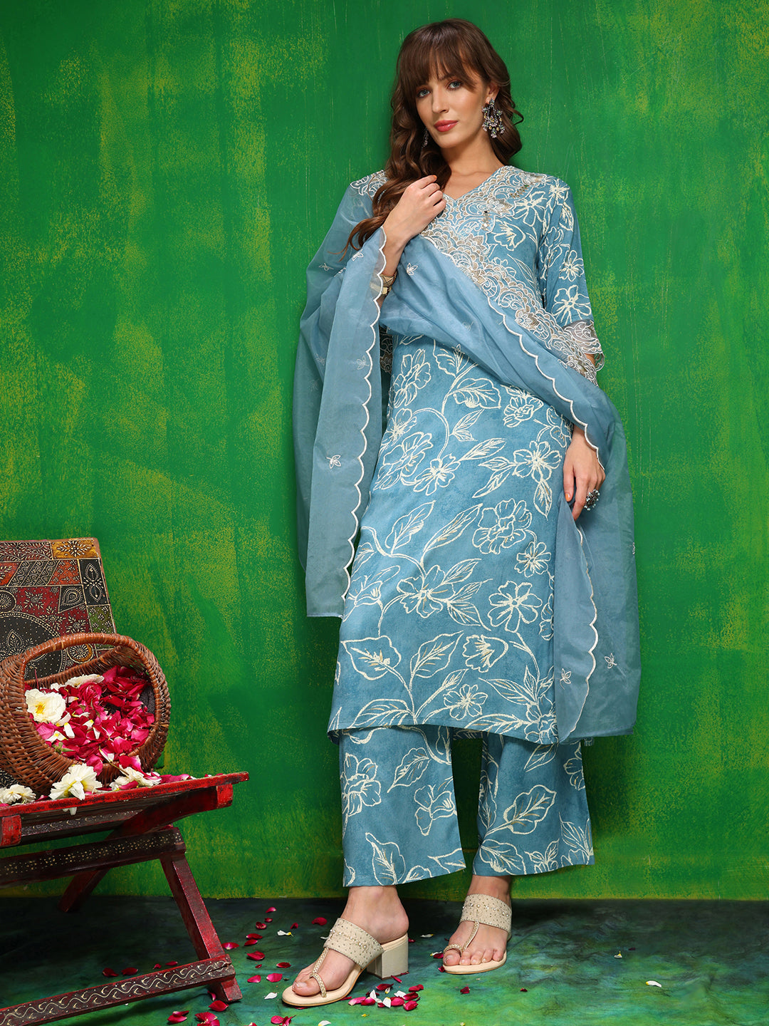 Embroidered & Floral Printed Kurta With Palazzo Pant & Embroidered Dupatta, Aqua-Blue - Hiral Fashion - Distacart