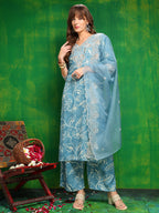 Embroidered & Floral Printed Kurta With Palazzo Pant & Embroidered Dupatta, Aqua-Blue - Hiral Fashion - Distacart
