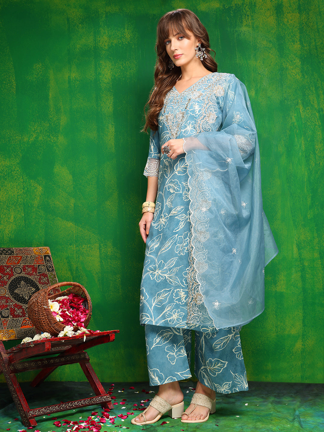 Embroidered & Floral Printed Kurta With Palazzo Pant & Embroidered Dupatta, Aqua-Blue - Hiral Fashion - Distacart