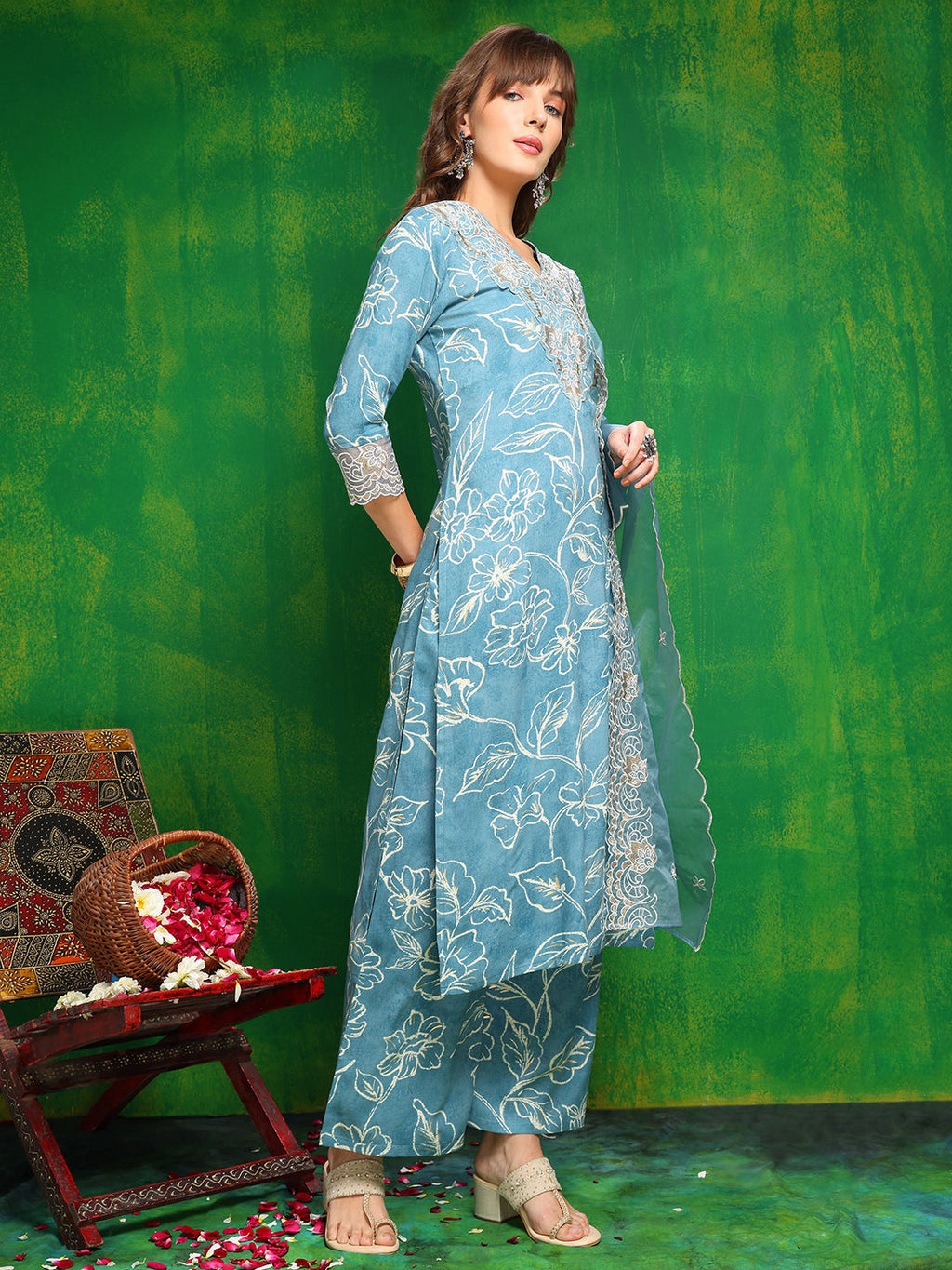 Embroidered & Floral Printed Kurta With Palazzo Pant & Embroidered Dupatta, Aqua-Blue - Hiral Fashion - Distacart