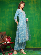 Embroidered & Floral Printed Kurta With Palazzo Pant & Embroidered Dupatta, Aqua-Blue - Hiral Fashion - Distacart