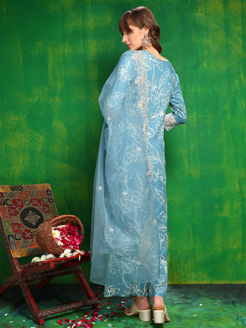 Embroidered & Floral Printed Kurta With Palazzo Pant & Embroidered Dupatta, Aqua-Blue - Hiral Fashion - Distacart