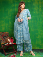 Embroidered & Floral Printed Kurta With Palazzo Pant & Embroidered Dupatta, Aqua-Blue - Hiral Fashion - Distacart