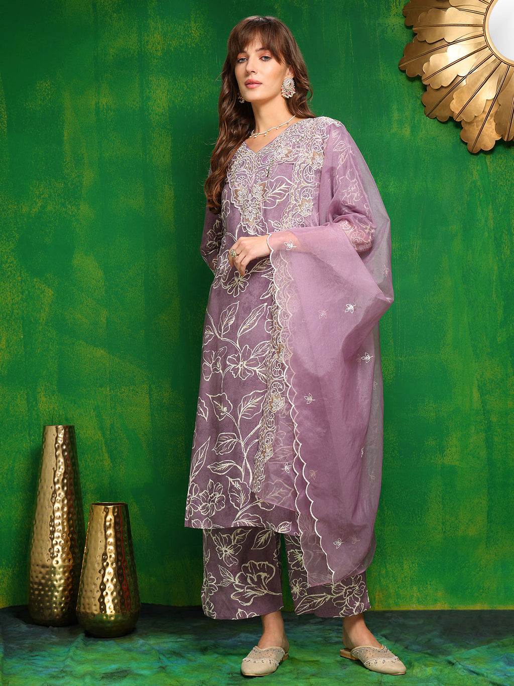 Embroidered & Floral Printed Kurta With Palazzo Pant & Embroidered Dupatta, Lavender - Hiral Fashion - Distacart