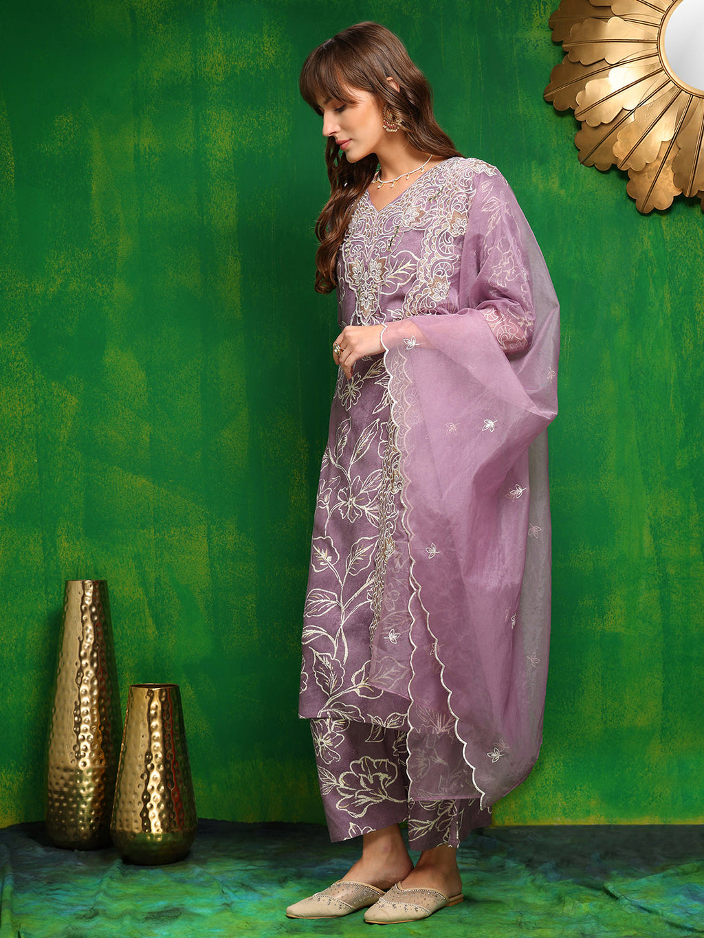 Embroidered & Floral Printed Kurta With Palazzo Pant & Embroidered Dupatta, Lavender - Hiral Fashion - Distacart