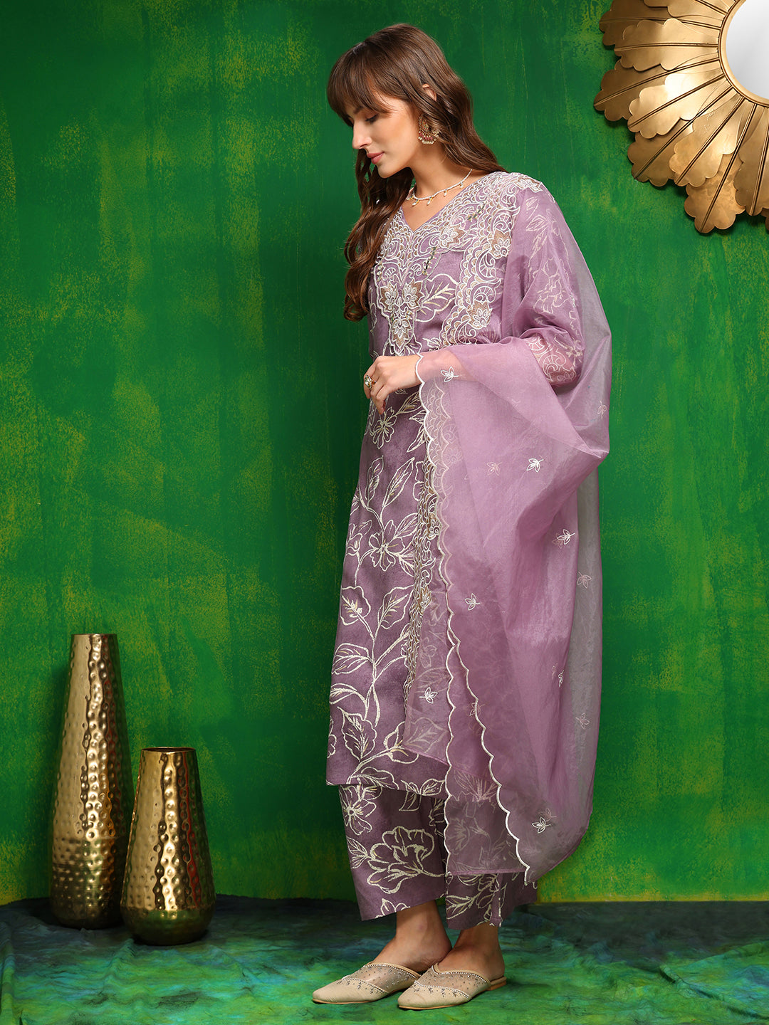 Embroidered & Floral Printed Kurta With Palazzo Pant & Embroidered Dupatta, Lavender - Hiral Fashion - Distacart