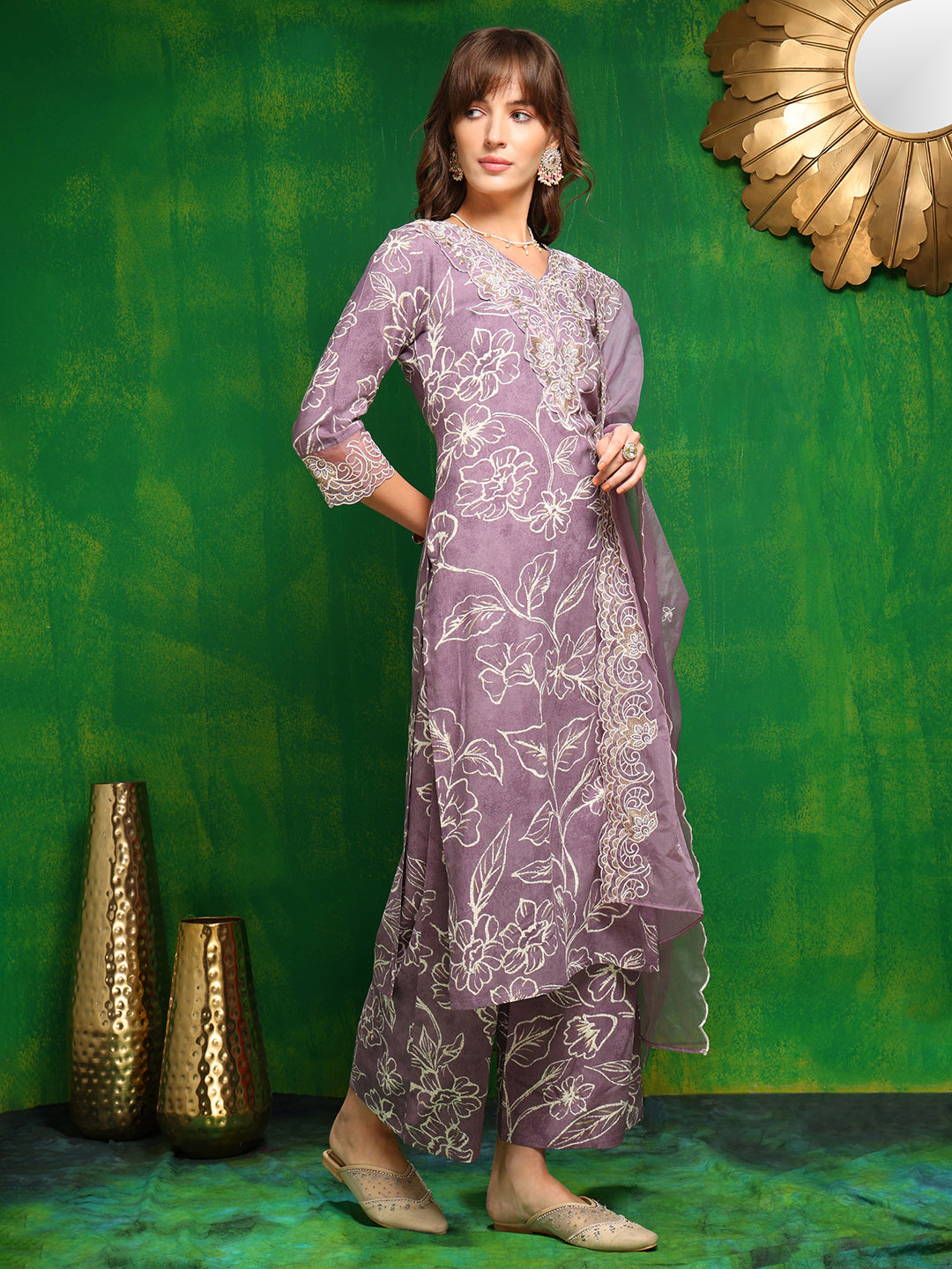 Embroidered & Floral Printed Kurta With Palazzo Pant & Embroidered Dupatta, Lavender - Hiral Fashion - Distacart