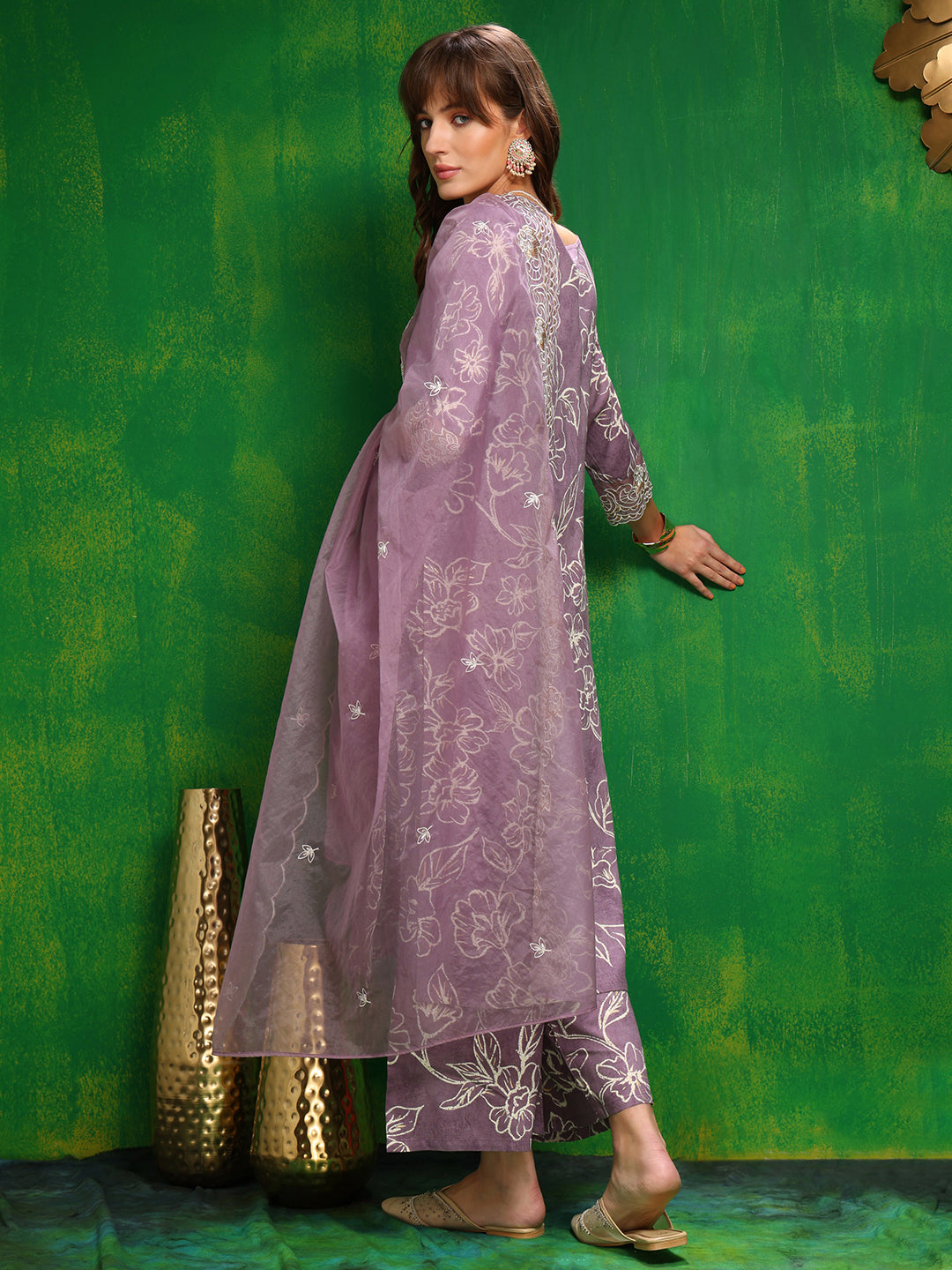Embroidered & Floral Printed Kurta With Palazzo Pant & Embroidered Dupatta, Lavender - Hiral Fashion - Distacart