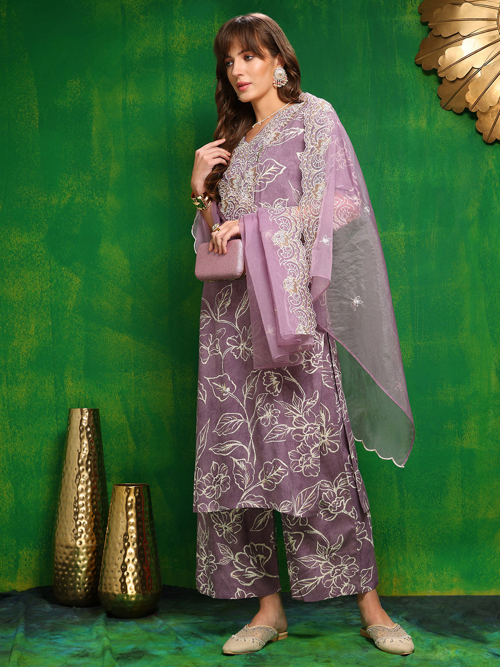 Embroidered & Floral Printed Kurta With Palazzo Pant & Embroidered Dupatta, Lavender - Hiral Fashion - Distacart