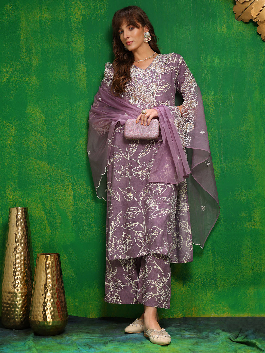Embroidered & Floral Printed Kurta With Palazzo Pant & Embroidered Dupatta, Lavender - Hiral Fashion - Distacart
