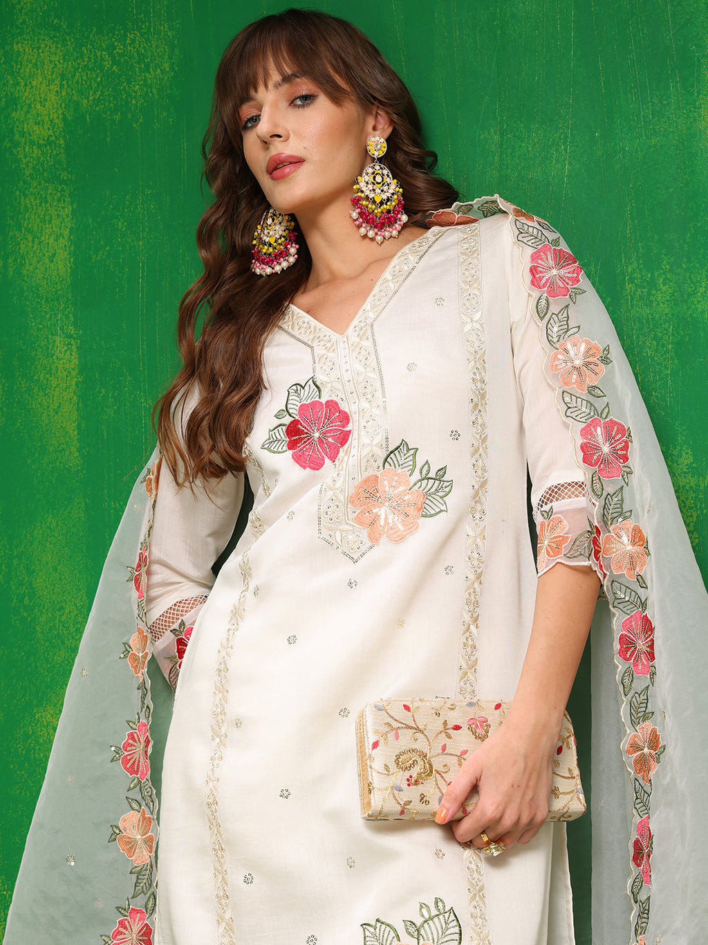 Sequined & Thread Embroidered Kurta With Pant & Embroidered Dupatta, White - Hiral Fashion - Distacart