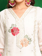 Sequined & Thread Embroidered Kurta With Pant & Embroidered Dupatta, White - Hiral Fashion - Distacart