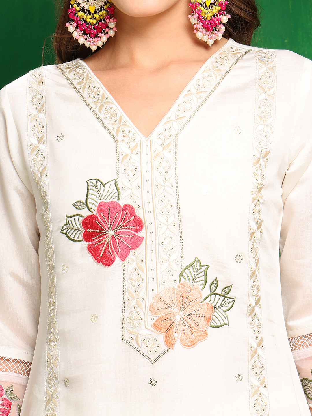 Sequined & Thread Embroidered Kurta With Pant & Embroidered Dupatta, White - Hiral Fashion - Distacart