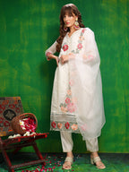 Sequined & Thread Embroidered Kurta With Pant & Embroidered Dupatta, White - Hiral Fashion - Distacart