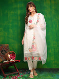 Sequined & Thread Embroidered Kurta With Pant & Embroidered Dupatta, White - Hiral Fashion - Distacart