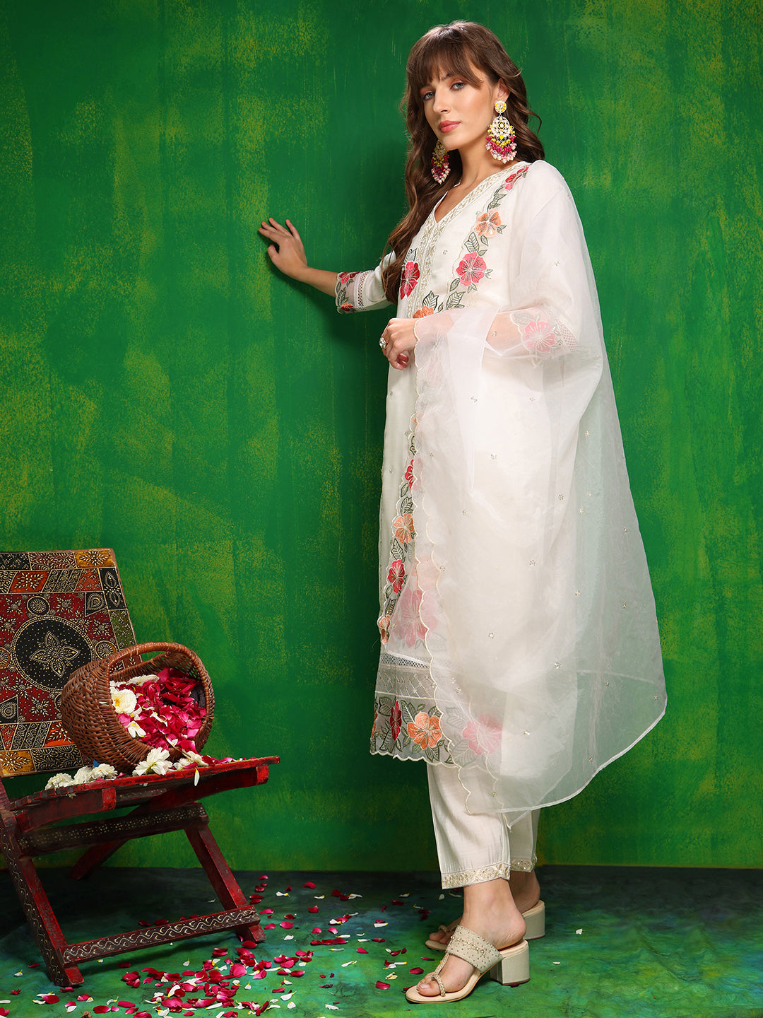 Sequined & Thread Embroidered Kurta With Pant & Embroidered Dupatta, White - Hiral Fashion - Distacart