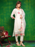 Sequined & Thread Embroidered Kurta With Pant & Embroidered Dupatta, White - Hiral Fashion - Distacart