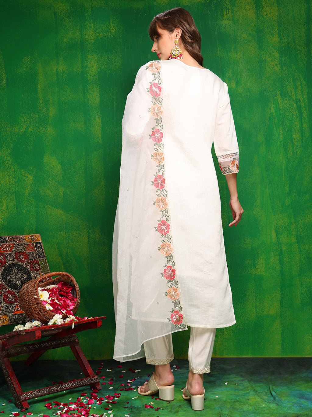 Sequined & Thread Embroidered Kurta With Pant & Embroidered Dupatta, White - Hiral Fashion - Distacart