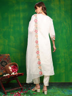 Sequined & Thread Embroidered Kurta With Pant & Embroidered Dupatta, White - Hiral Fashion - Distacart