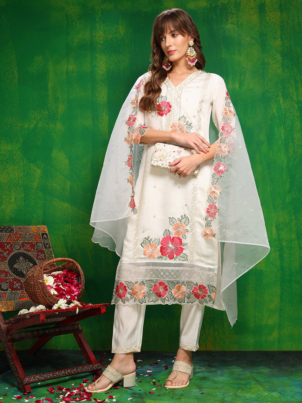Sequined & Thread Embroidered Kurta With Pant & Embroidered Dupatta, White - Hiral Fashion - Distacart