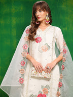 Sequined & Thread Embroidered Kurta With Pant & Embroidered Dupatta, White - Hiral Fashion - Distacart