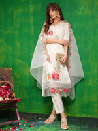 Sequined & Thread Embroidered Kurta With Pant & Embroidered Dupatta, White - Hiral Fashion - Distacart