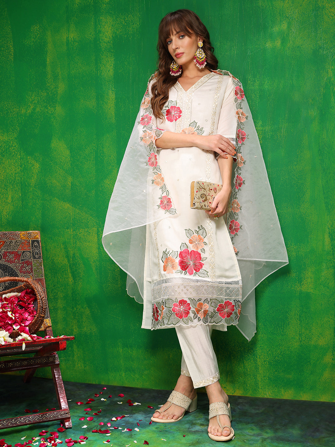 Sequined & Thread Embroidered Kurta With Pant & Embroidered Dupatta, White - Hiral Fashion - Distacart