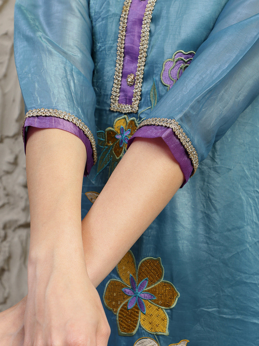 Hand Embroidered Kurta With Pant & Dual Toned Dupatta, Blue - Hiral Fashion - Distacart