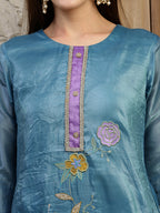 Hand Embroidered Kurta With Pant & Dual Toned Dupatta, Blue - Hiral Fashion - Distacart