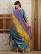 Hand Embroidered Kurta With Pant & Dual Toned Dupatta, Blue - Hiral Fashion - Distacart