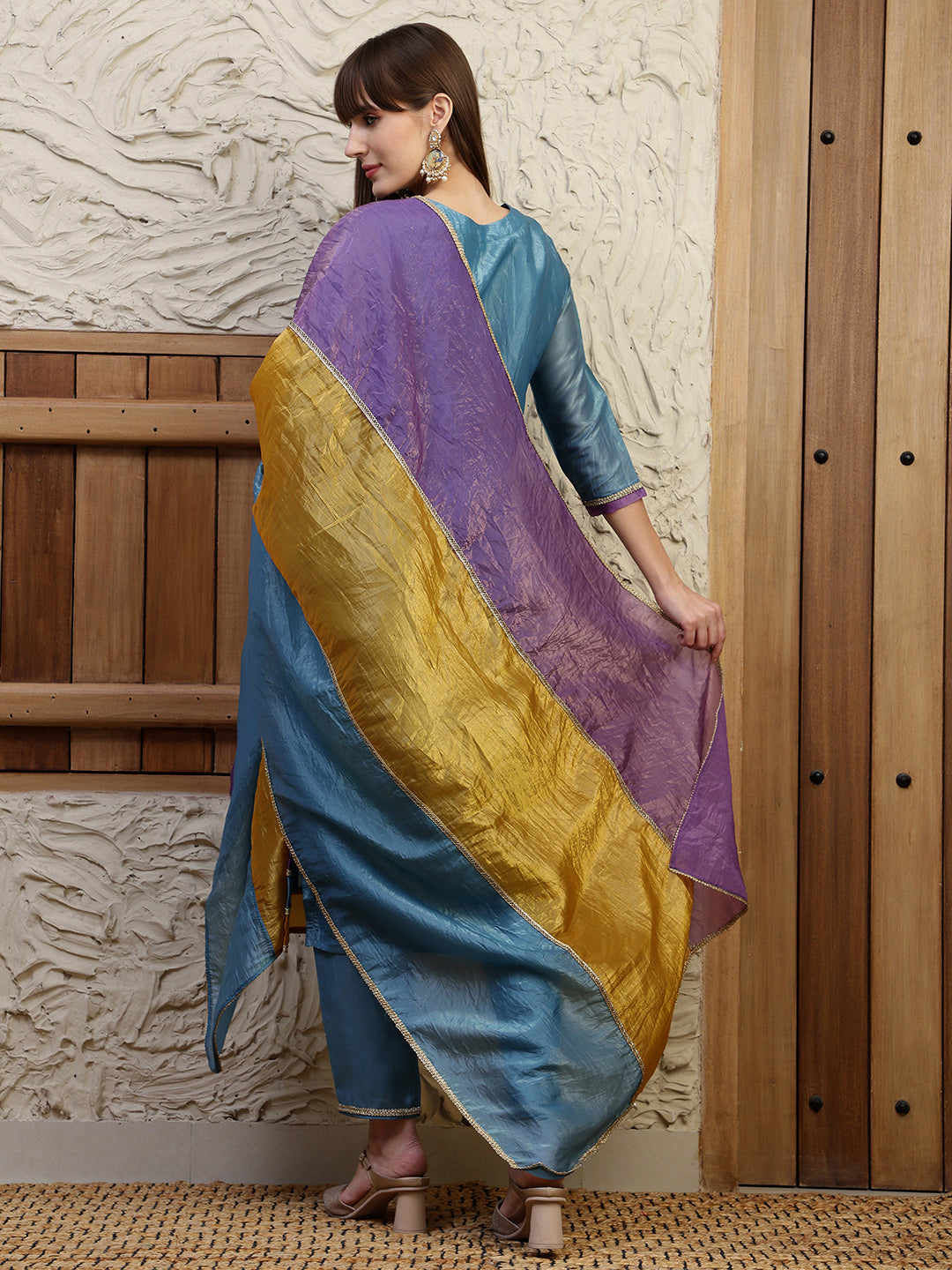 Hand Embroidered Kurta With Pant & Dual Toned Dupatta, Blue - Hiral Fashion - Distacart
