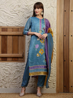 Hand Embroidered Kurta With Pant & Dual Toned Dupatta, Blue - Hiral Fashion - Distacart