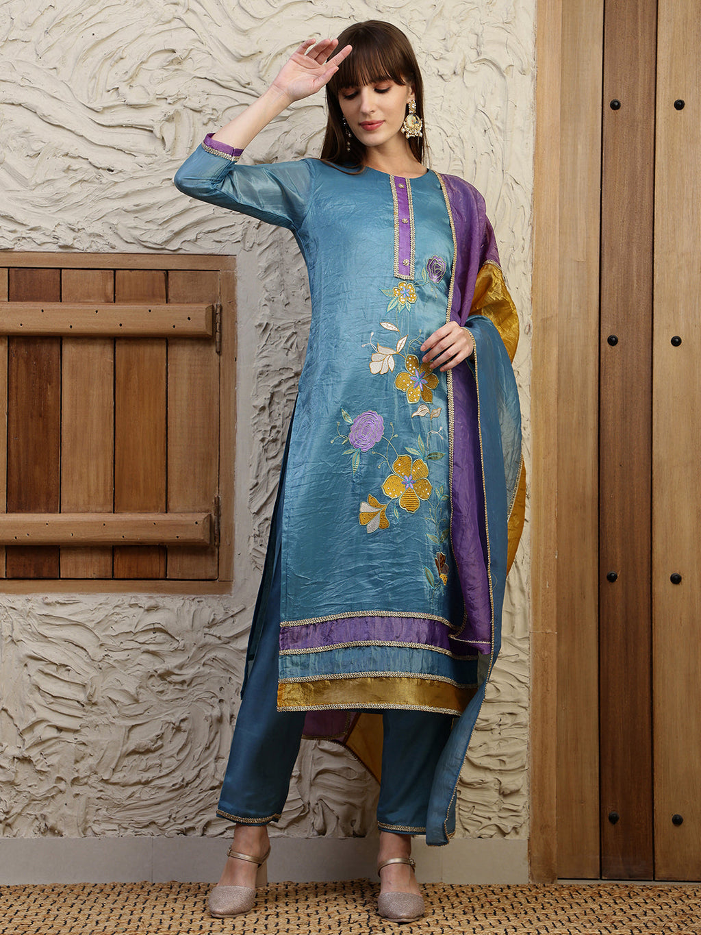 Hand Embroidered Kurta With Pant & Dual Toned Dupatta, Blue - Hiral Fashion - Distacart
