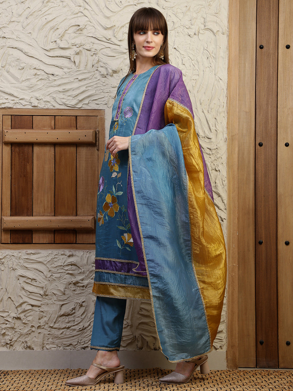 Hand Embroidered Kurta With Pant & Dual Toned Dupatta, Blue - Hiral Fashion - Distacart