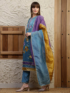 Hand Embroidered Kurta With Pant & Dual Toned Dupatta, Blue - Hiral Fashion - Distacart