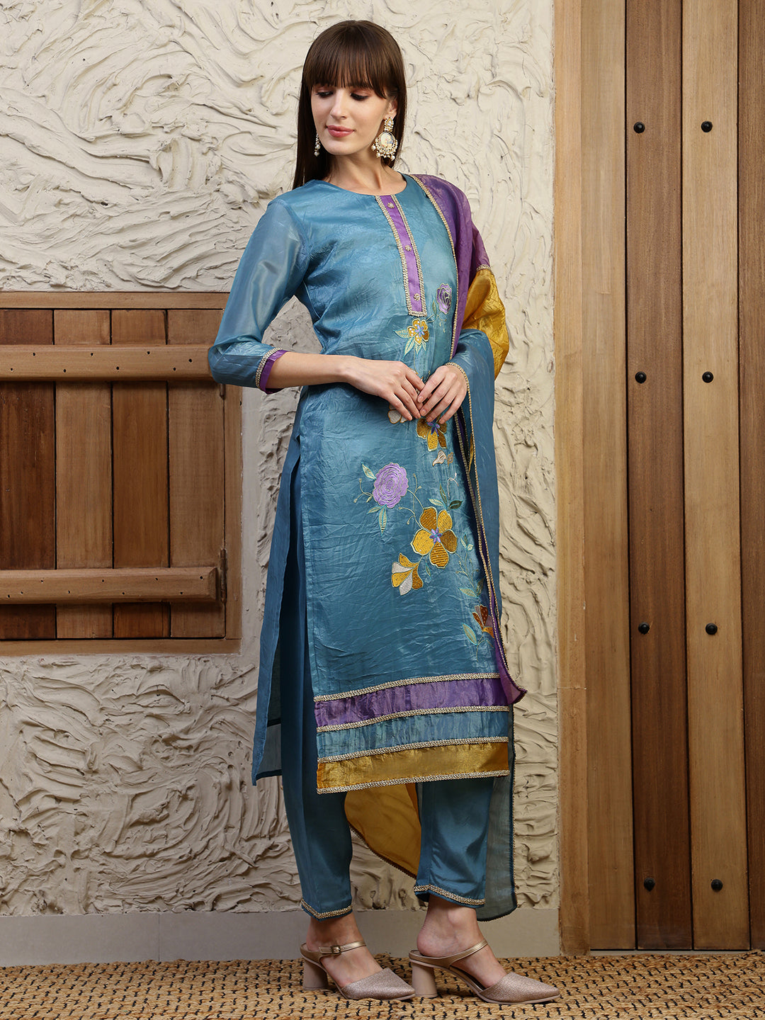 Hand Embroidered Kurta With Pant & Dual Toned Dupatta, Blue - Hiral Fashion - Distacart