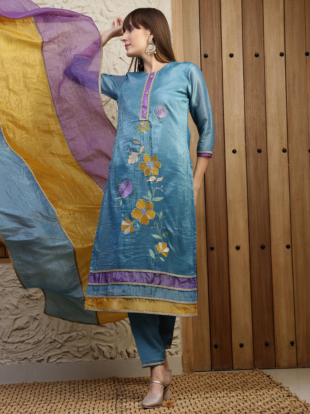 Hand Embroidered Kurta With Pant & Dual Toned Dupatta, Blue - Hiral Fashion - Distacart