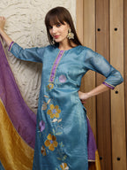 Hand Embroidered Kurta With Pant & Dual Toned Dupatta, Blue - Hiral Fashion - Distacart